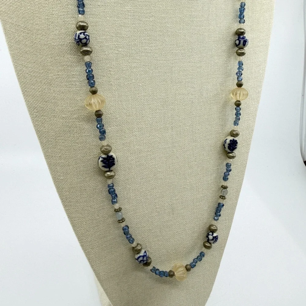 Blue White Porcelain Floral Bead Necklace Carved Acrylic Boho Statement Gift